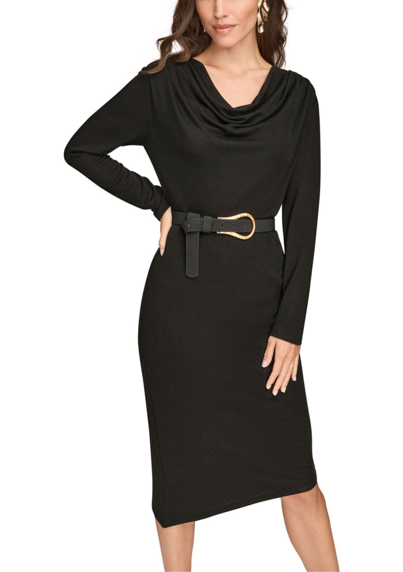Womens Long Sleeve Cowl Neck Dress with Belt 