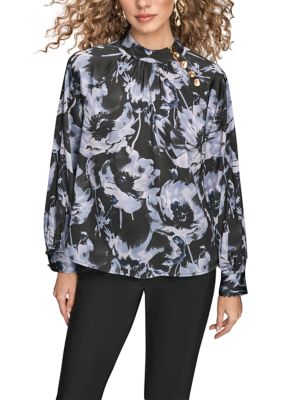 Donna Karan New York Women's Long Sleeve Printed Blouse with Buttons at Neck, XS