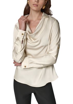 Donna Karan New York Women's Ruffle Sleeve Cowl Neck Satin Blouse, Ivory, Medium