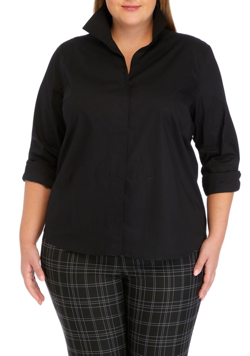 Plus Size Collar Button Front Solid Top