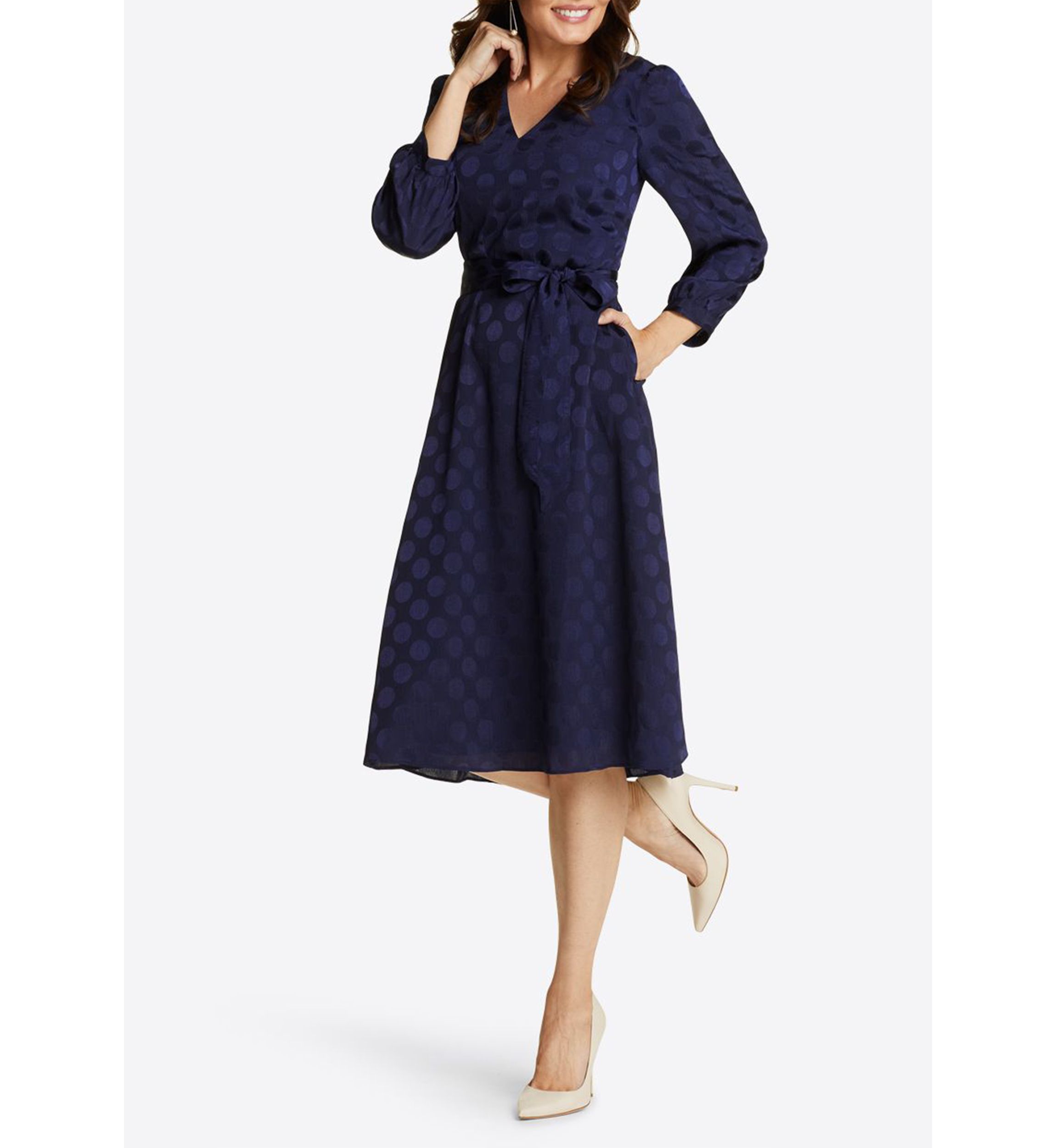 Womens Tie Waist V-Neck Midi Dress