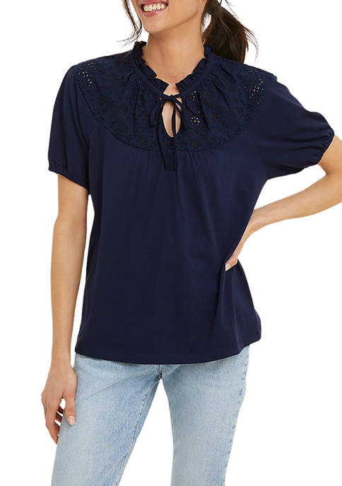 Womens Knit Eyelet Tie Neck Top