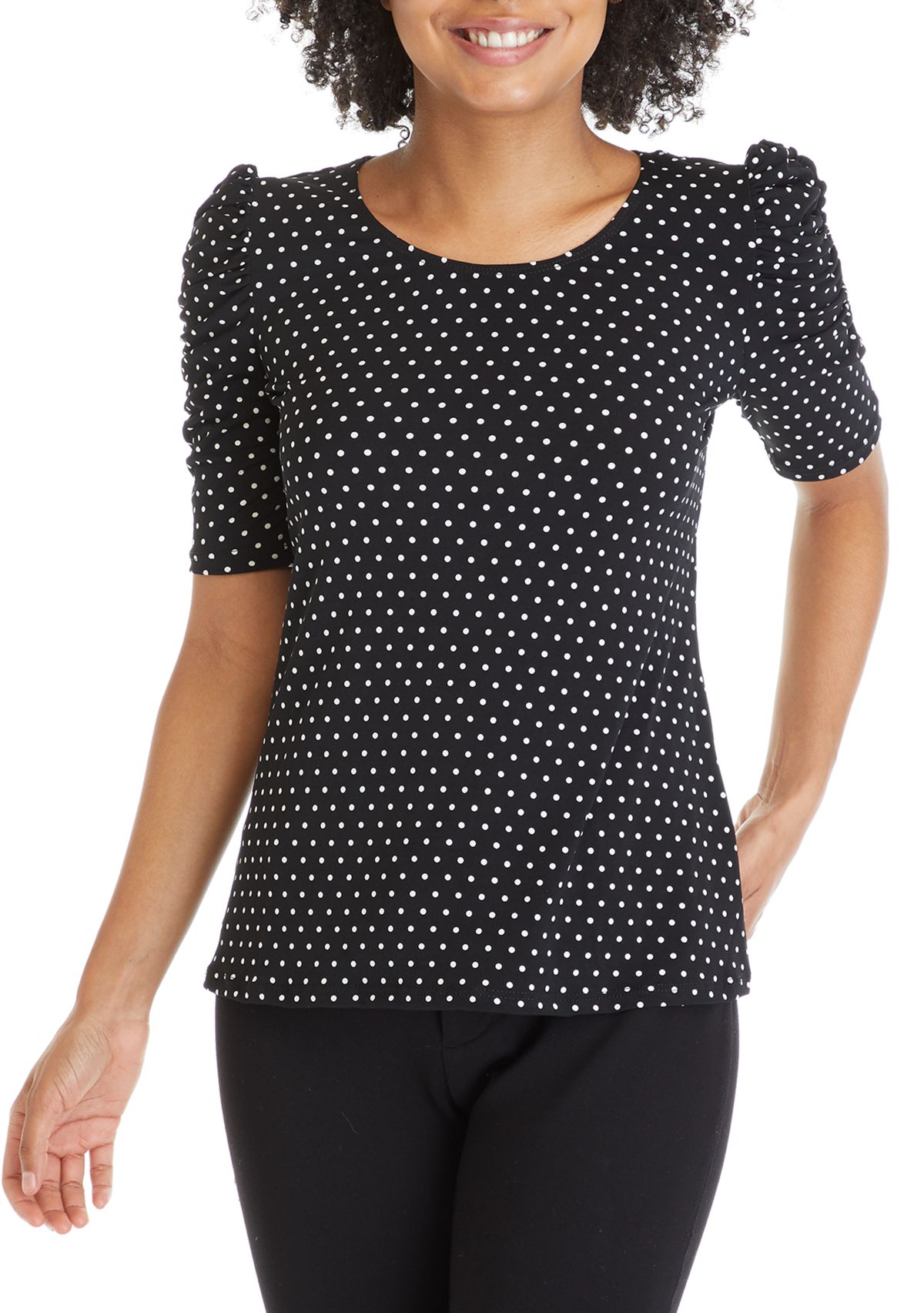 Womens Ruched Sleeve Polka Dot Top