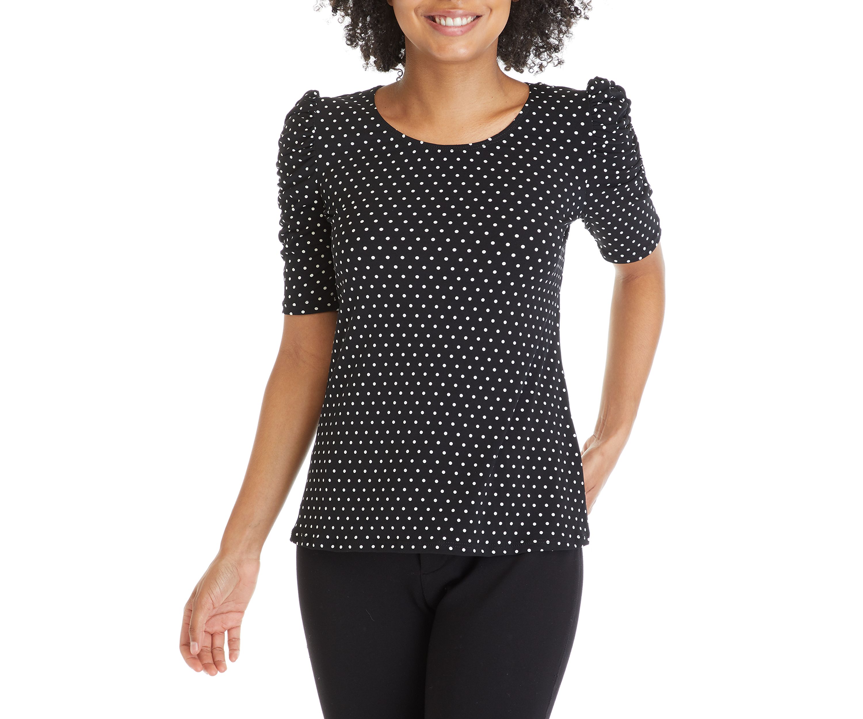 Womens Ruched Sleeve Polka Dot Top