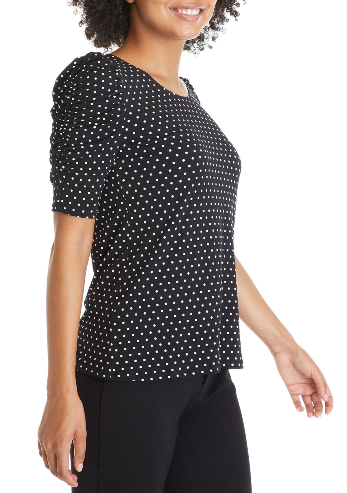 Womens Ruched Sleeve Polka Dot Top