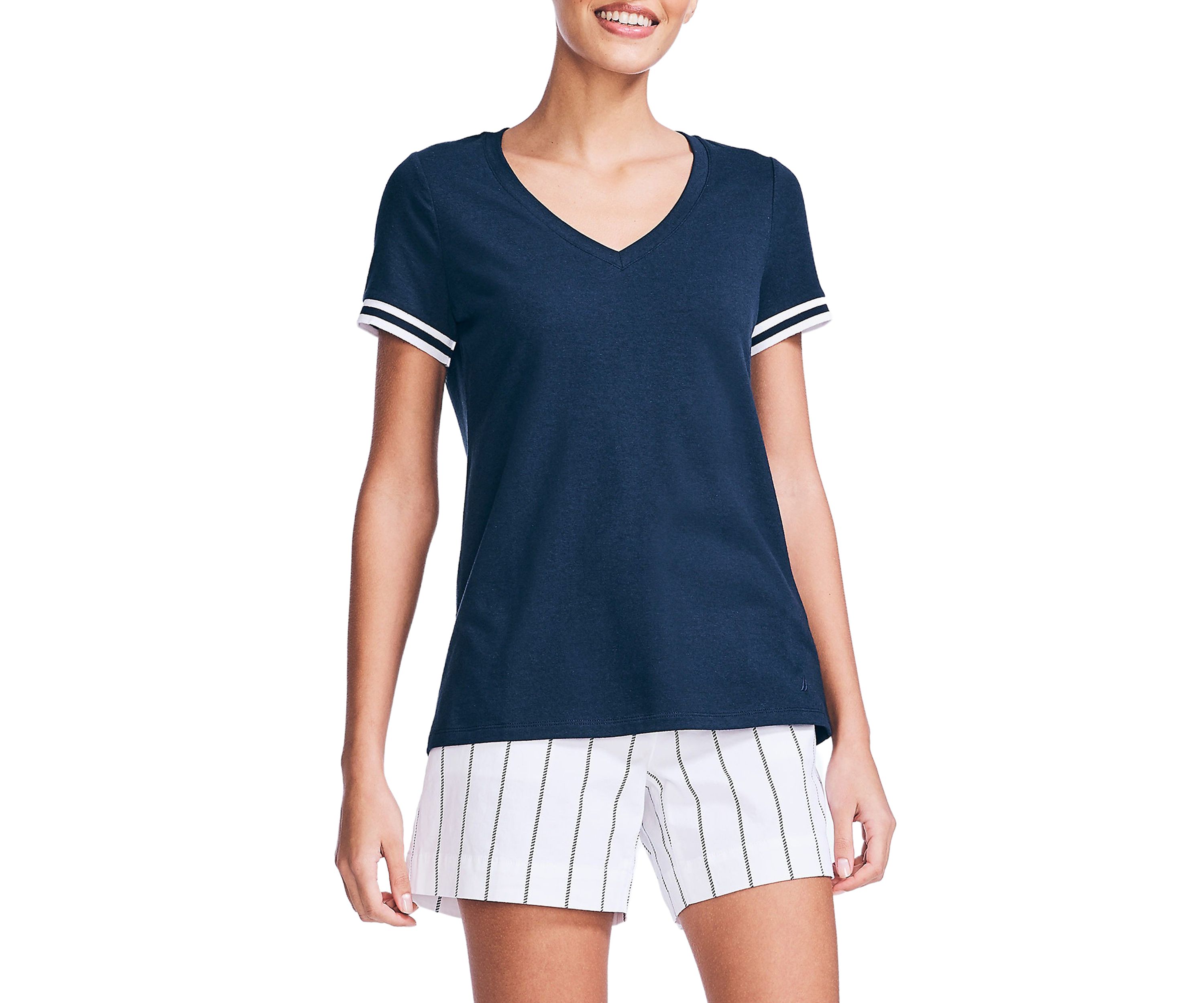 Womens Rib Trim V-Neck Top