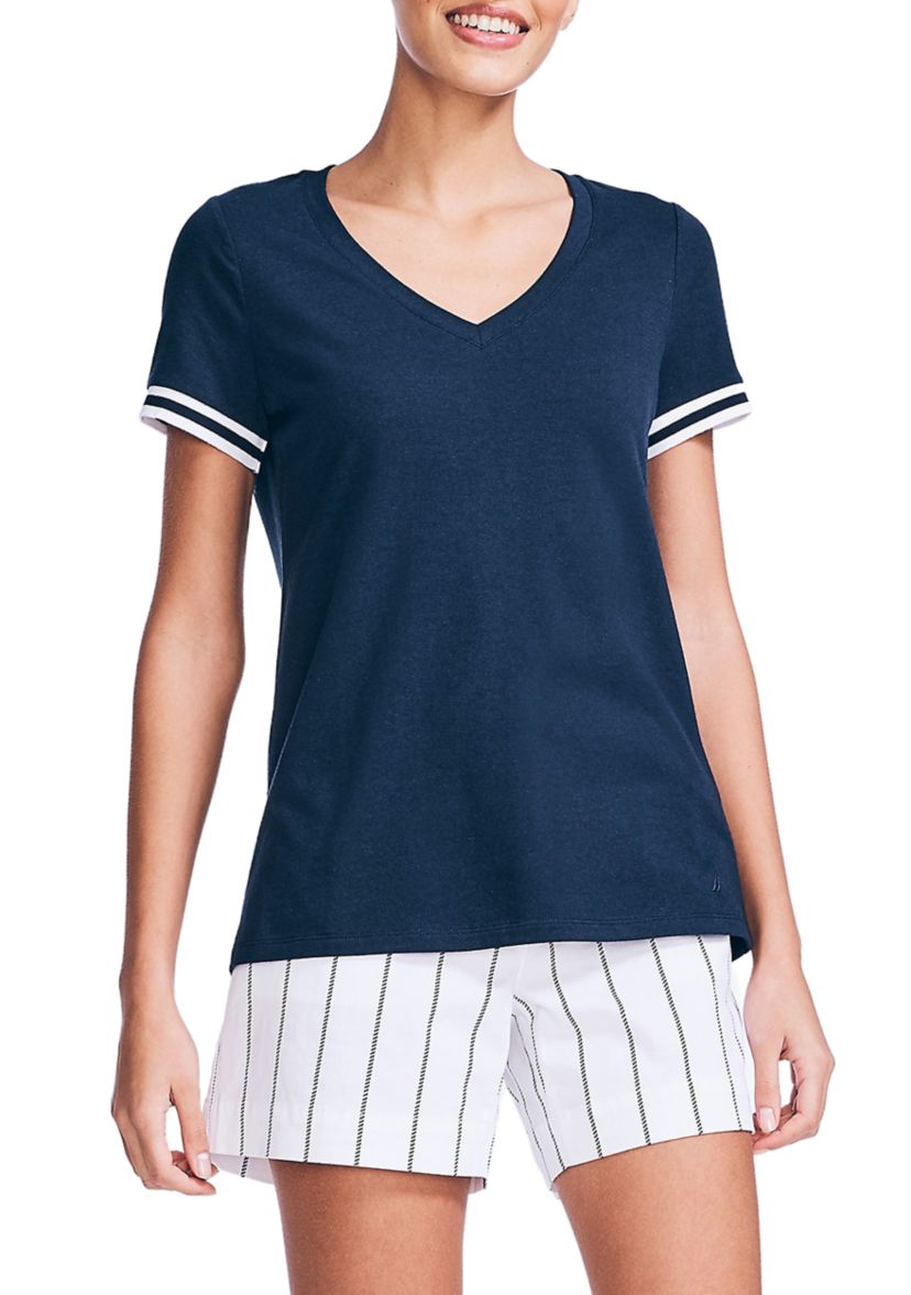 Womens Rib Trim V-Neck Top