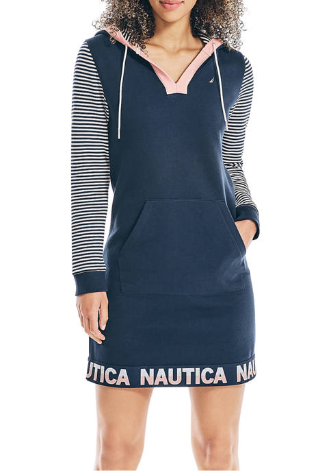 Nautica Womens Color Block Striped Sleeve Hoodie Dress