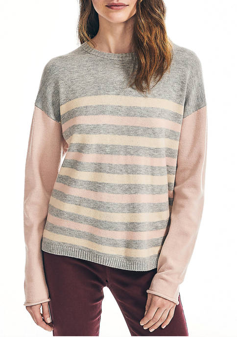 Womens Striped Color Block Sleeve Sweater 