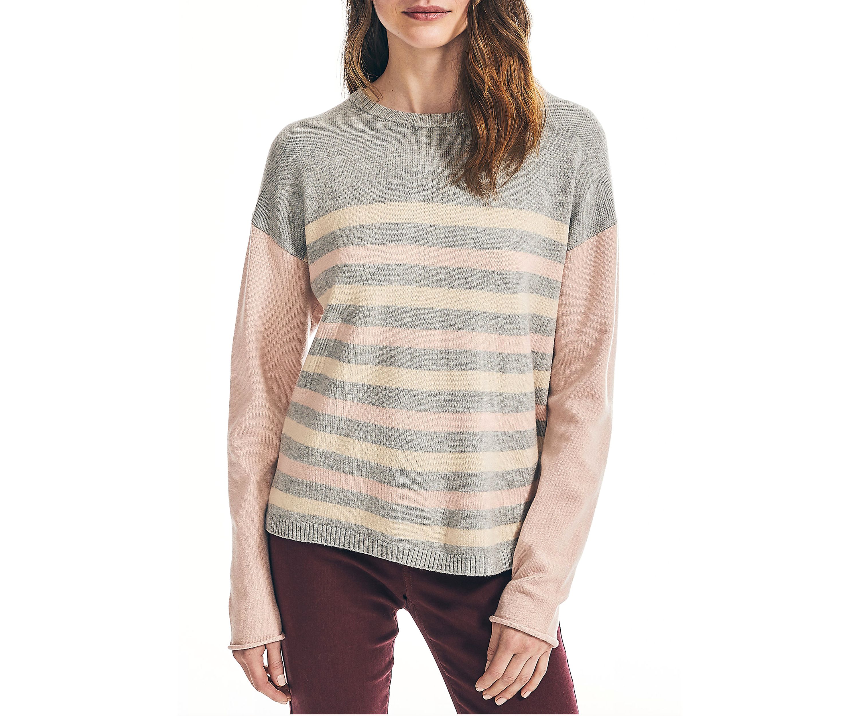 Womens Striped Color Block Sleeve Sweater 
