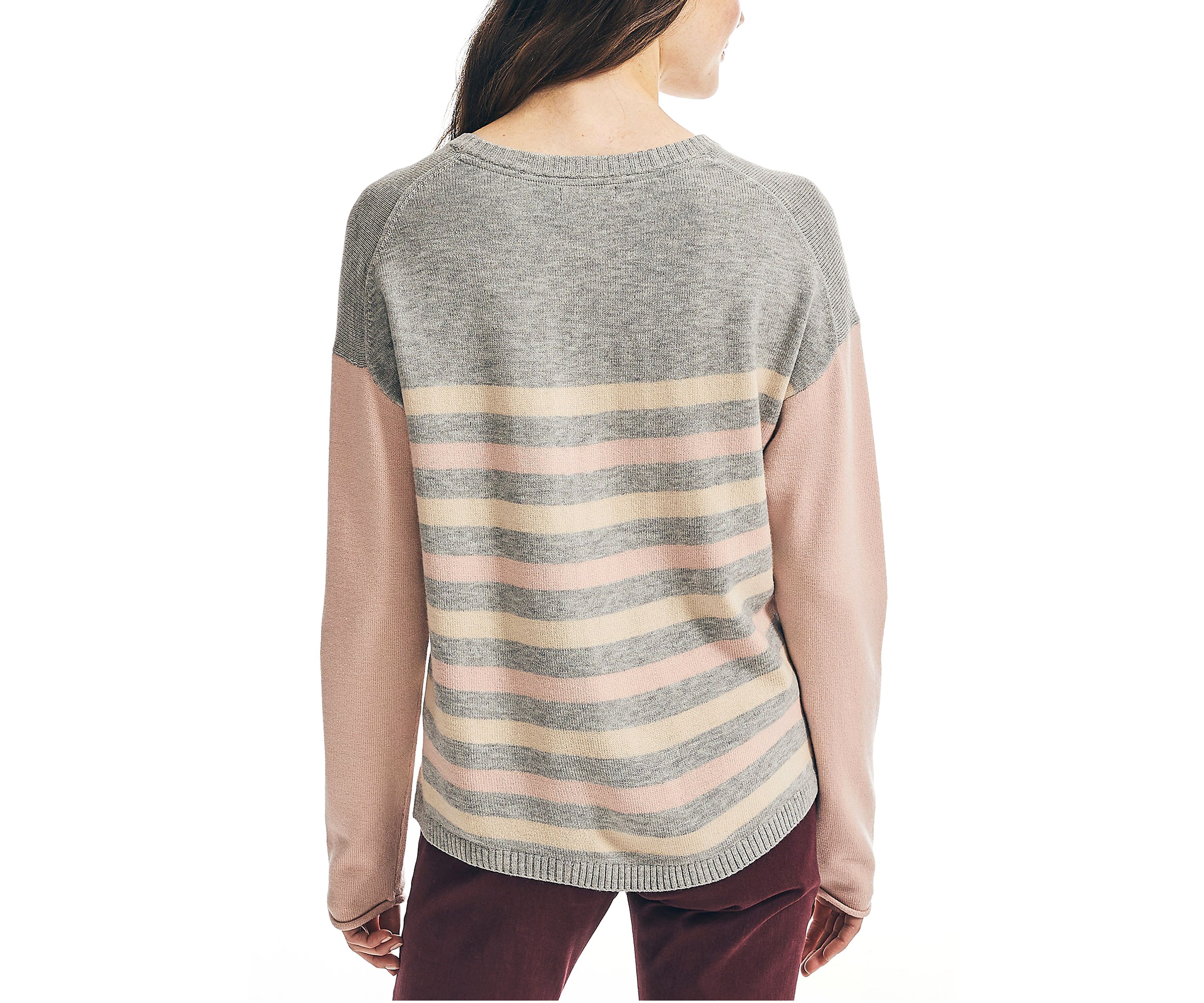 Womens Striped Color Block Sleeve Sweater 