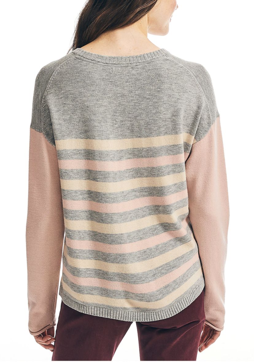 Womens Striped Color Block Sleeve Sweater 