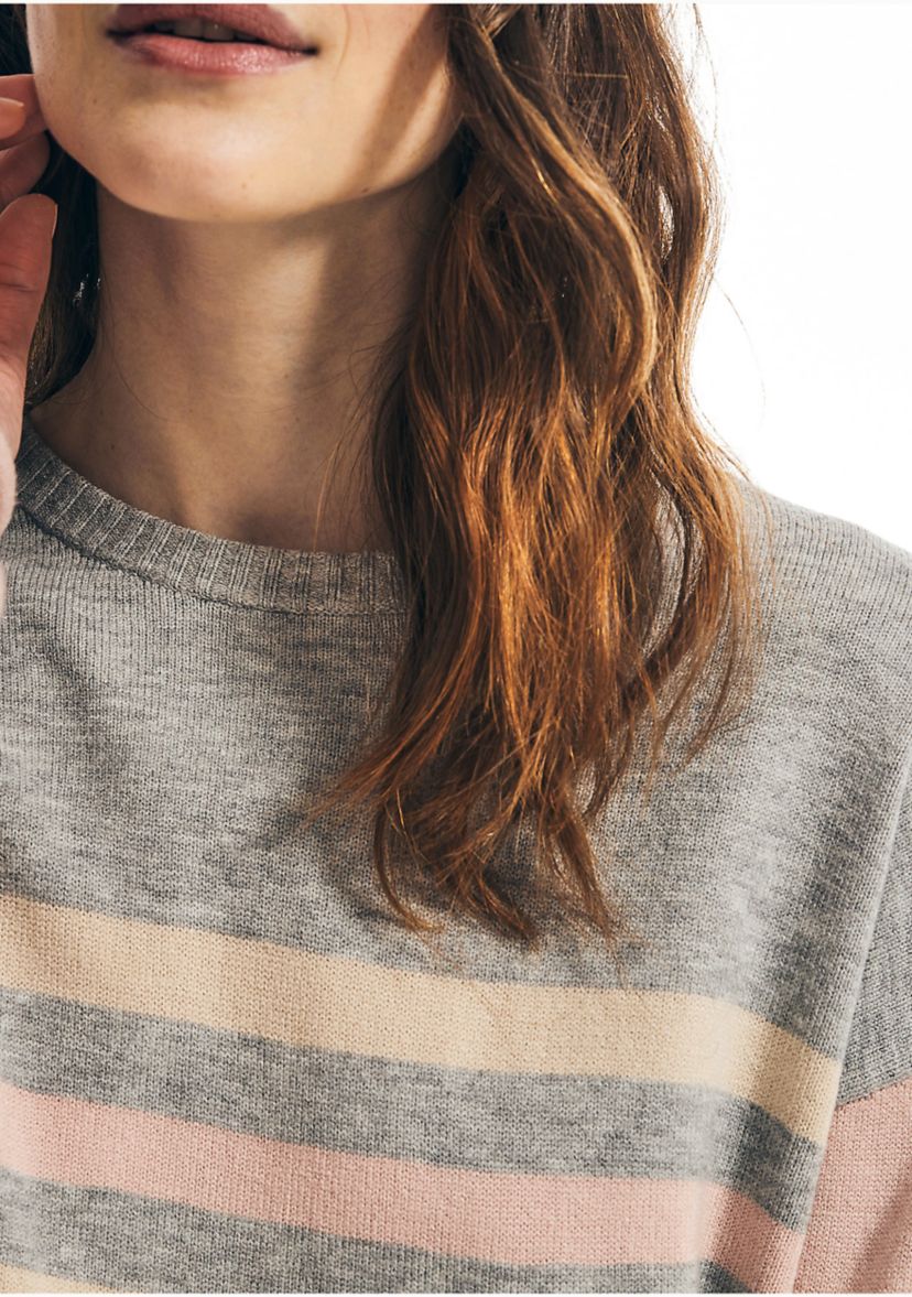 Womens Striped Color Block Sleeve Sweater 