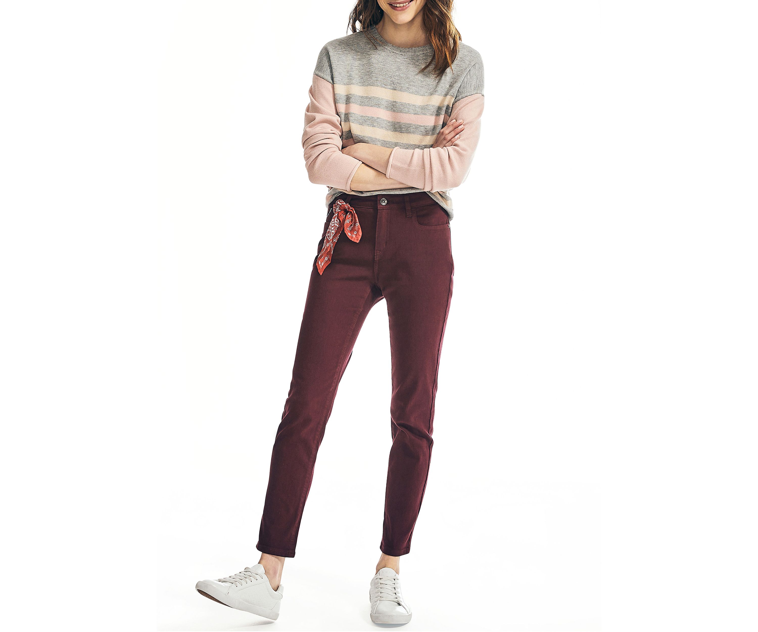 Womens Striped Color Block Sleeve Sweater 