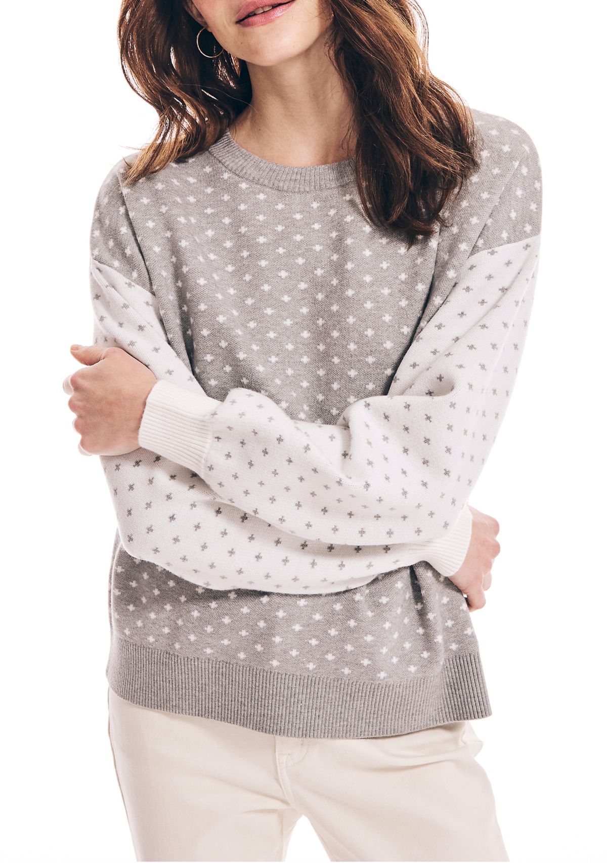 Womens Long Sleeve Dot Print Color Block Sweater