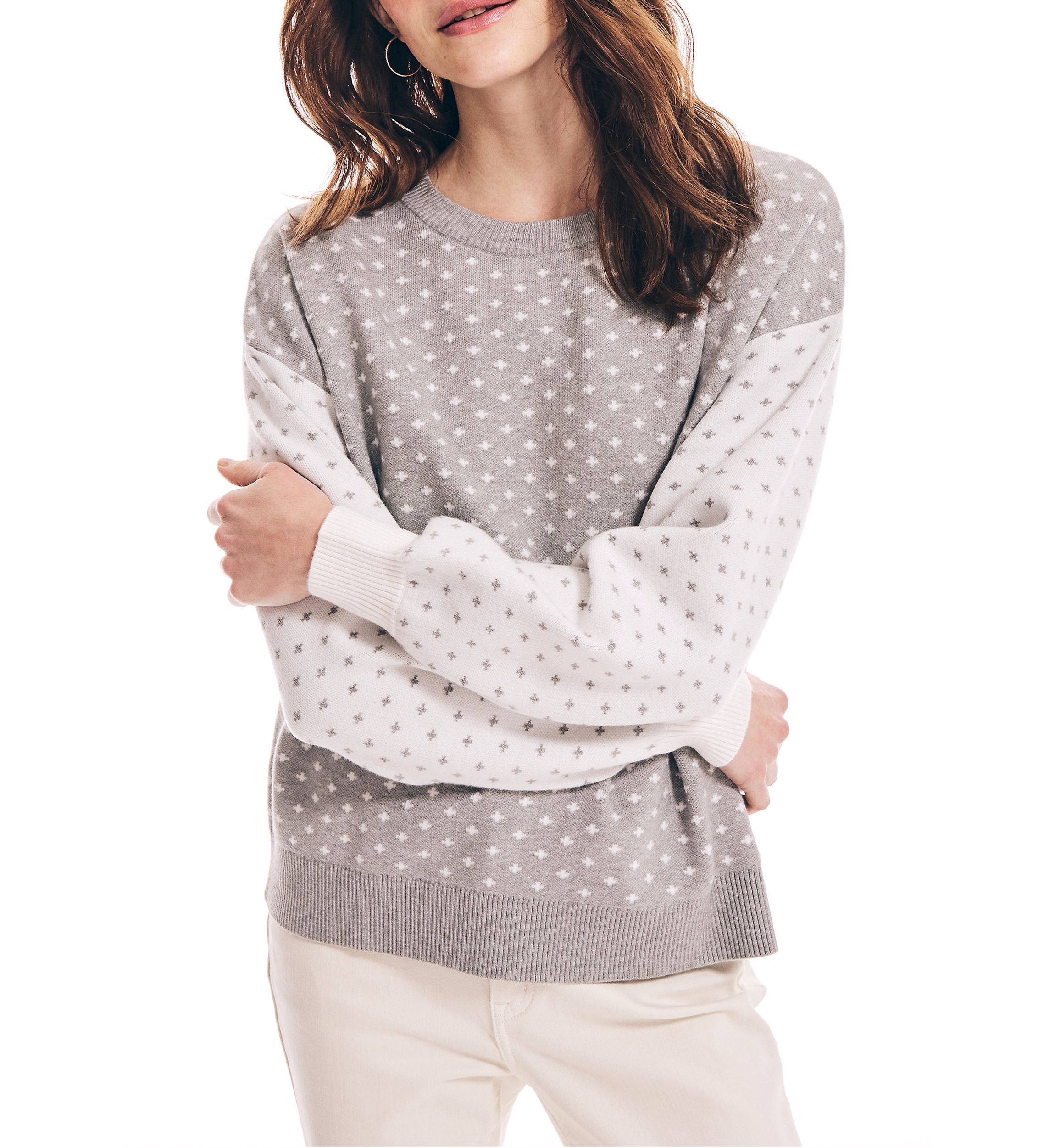 Womens Long Sleeve Dot Print Color Block Sweater