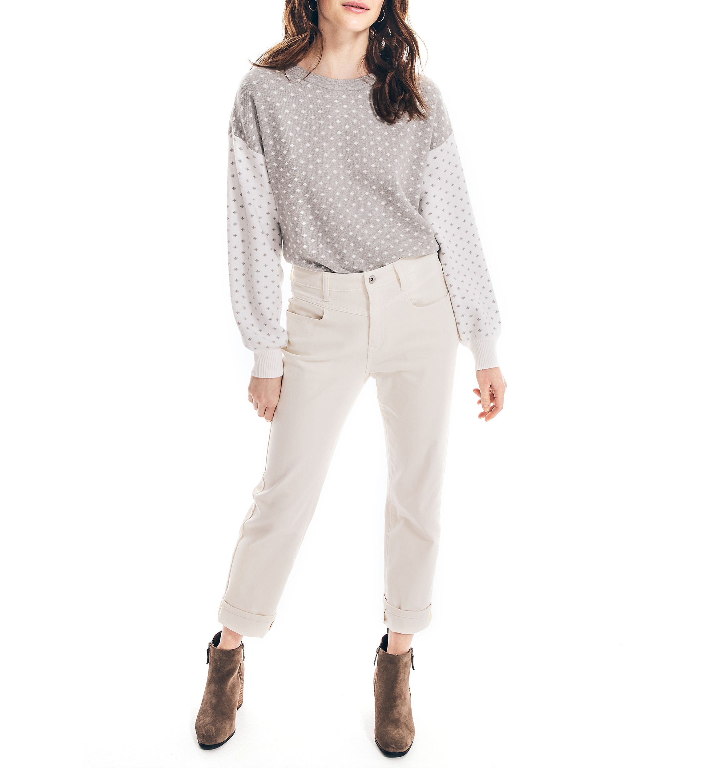 Womens Long Sleeve Dot Print Color Block Sweater