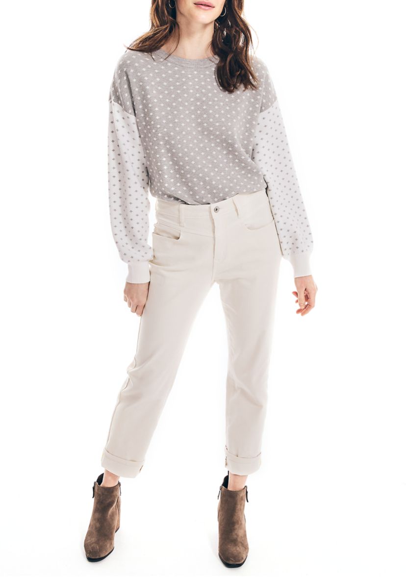 Womens Long Sleeve Dot Print Color Block Sweater
