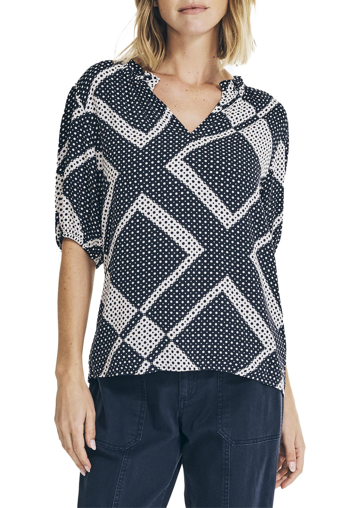 Scarf Dot Print Split Neck Top 