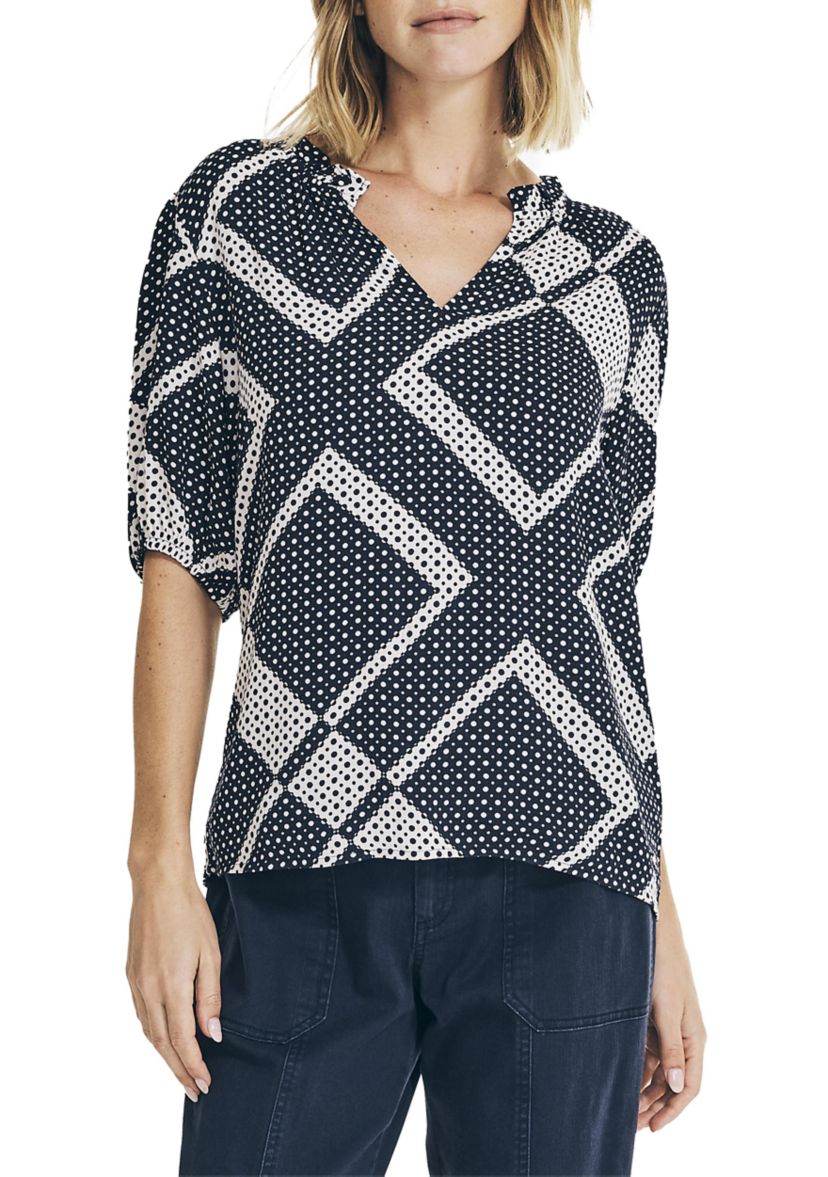 Scarf Dot Print Split Neck Top 