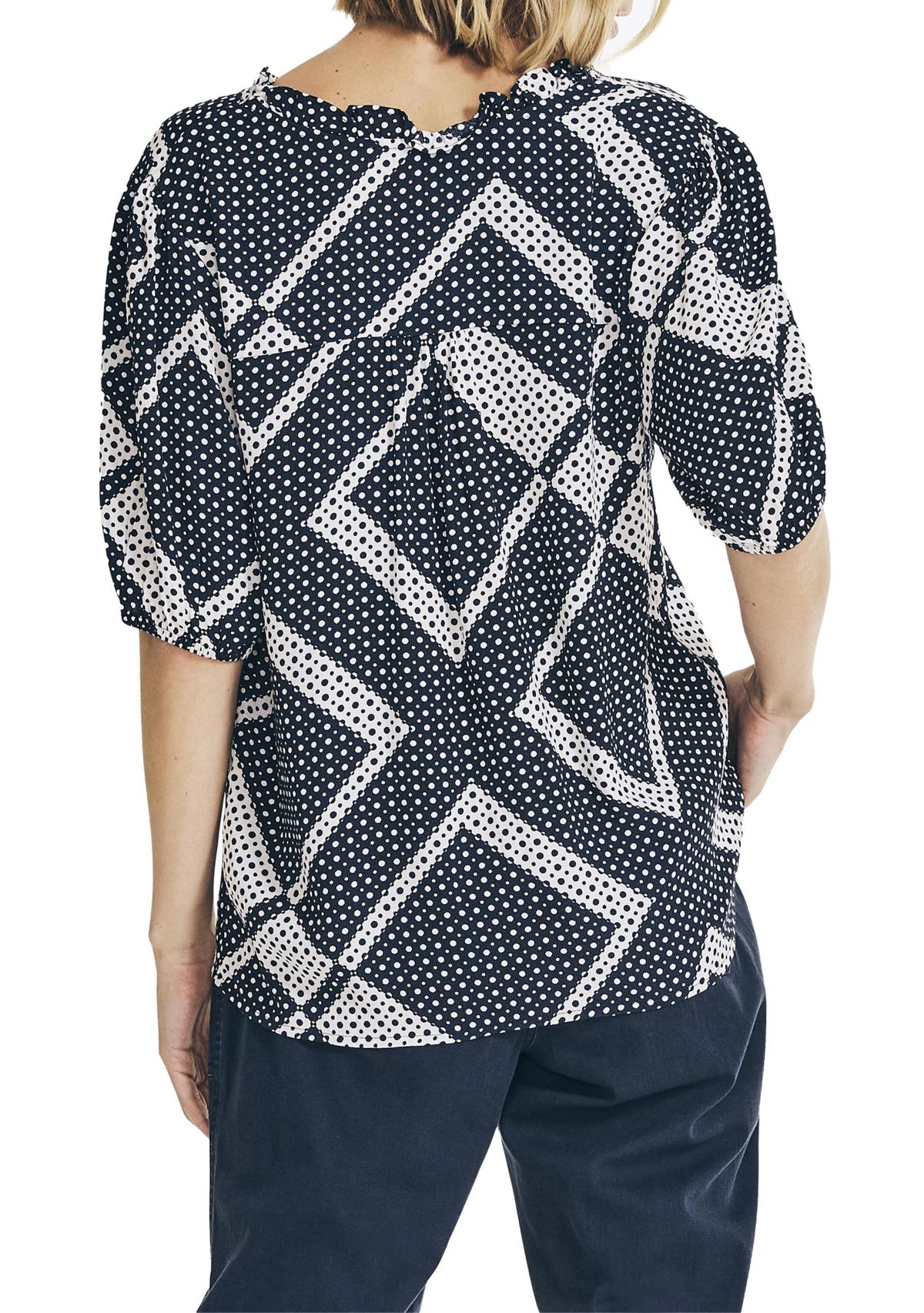 Scarf Dot Print Split Neck Top 
