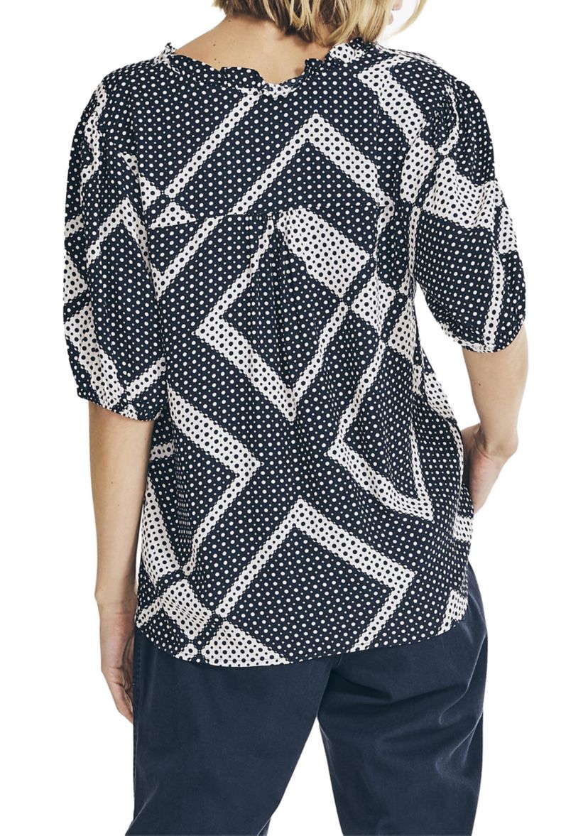 Scarf Dot Print Split Neck Top 
