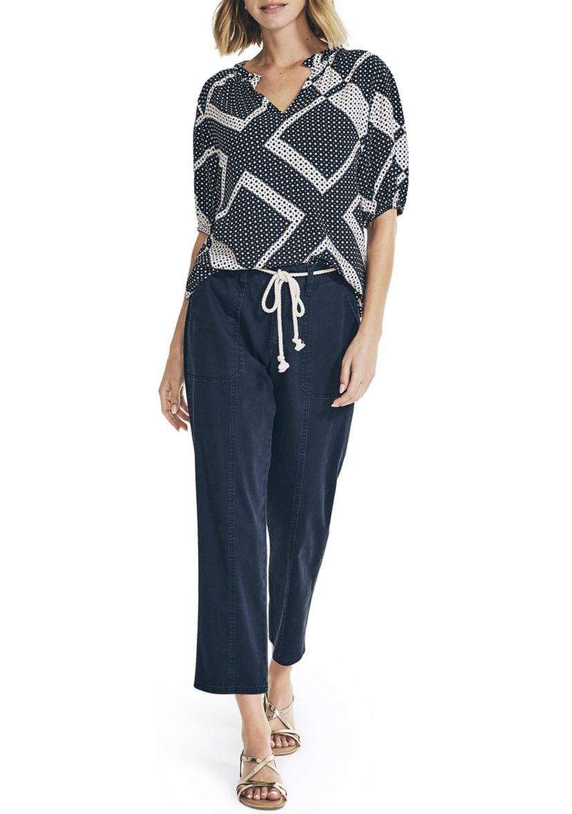 Scarf Dot Print Split Neck Top 