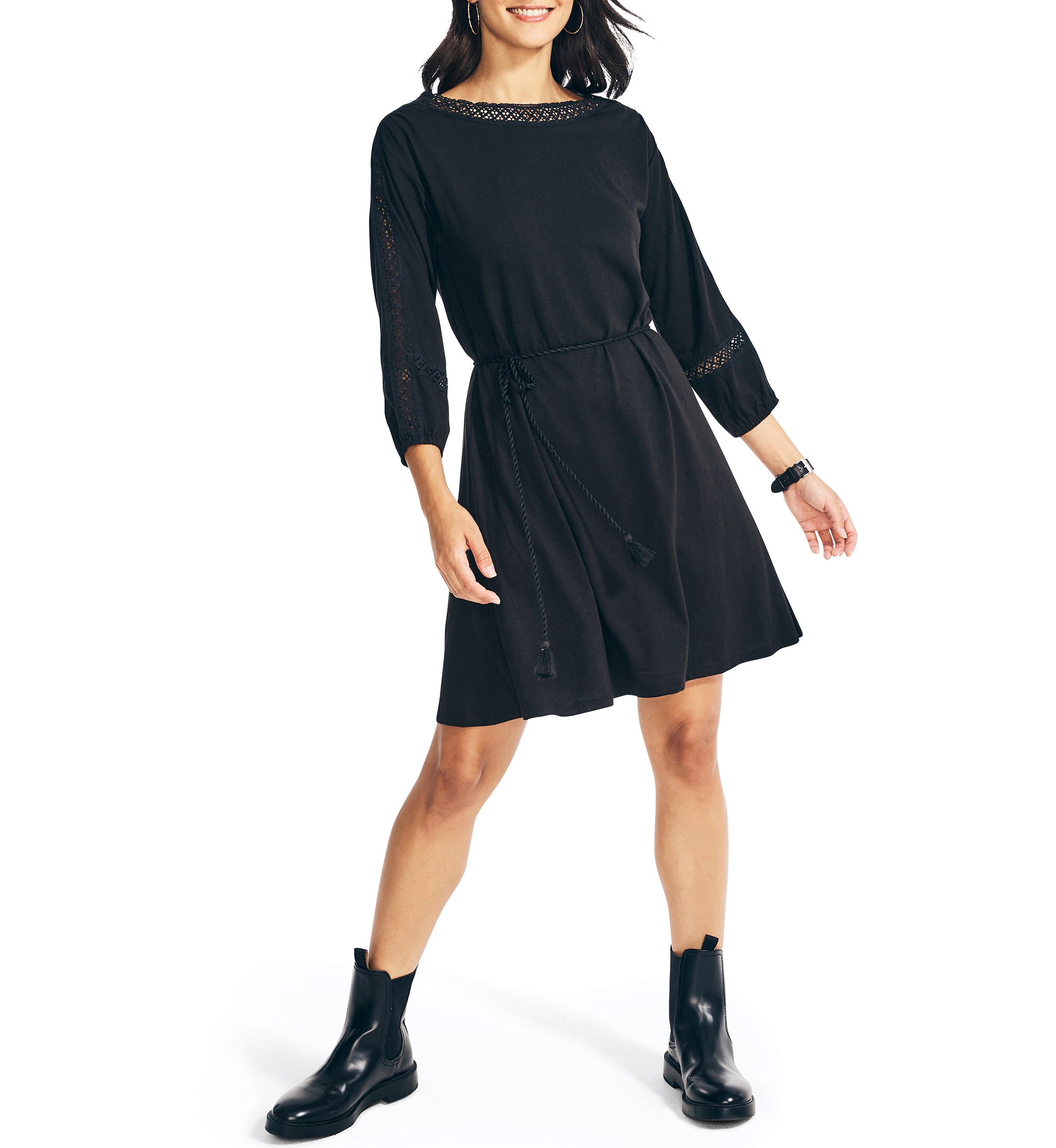 Womens Fit and Flare Crochet Trim Dress