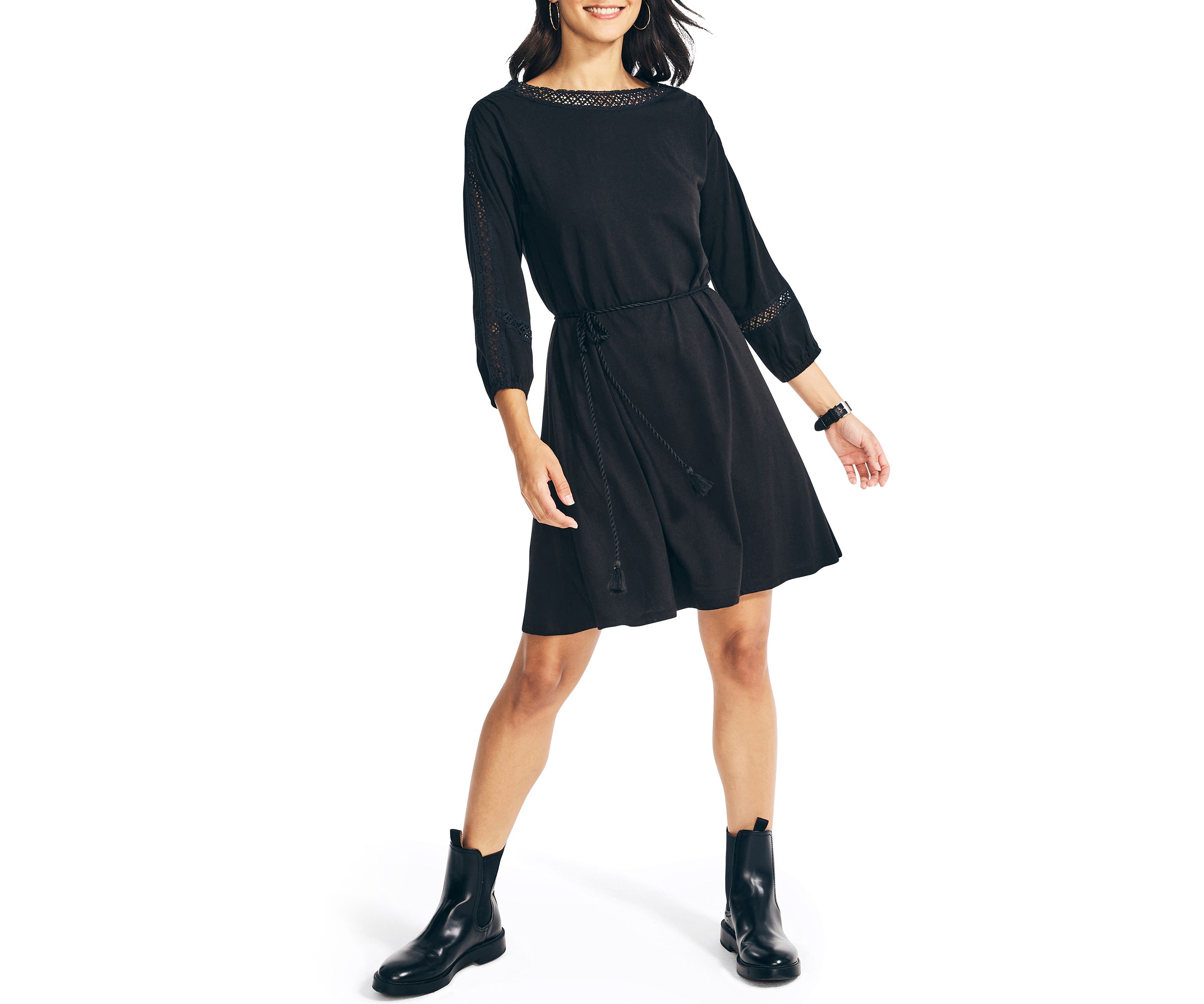Womens Fit and Flare Crochet Trim Dress