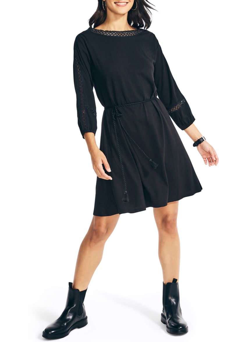 Womens Fit and Flare Crochet Trim Dress