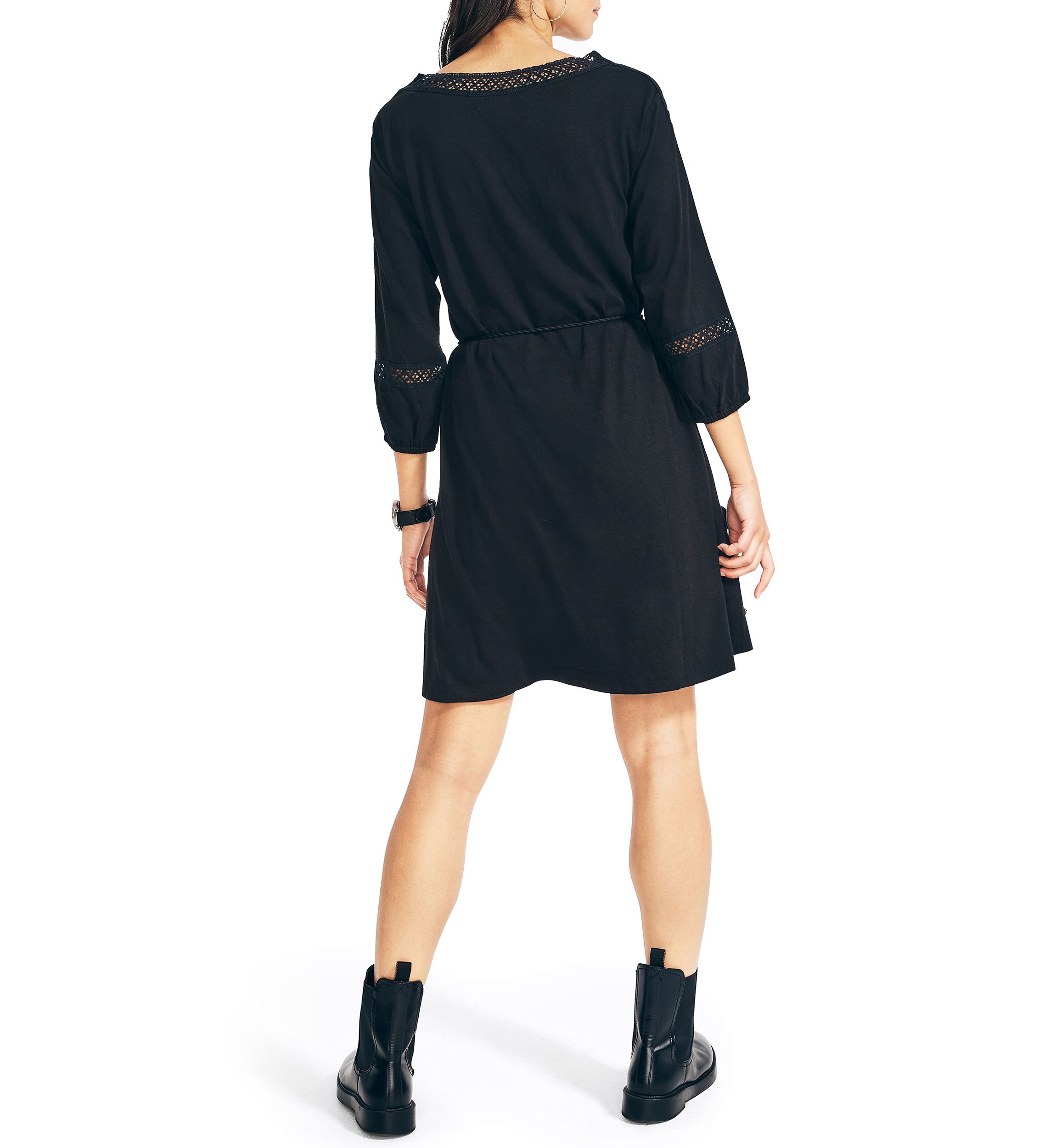 Womens Fit and Flare Crochet Trim Dress