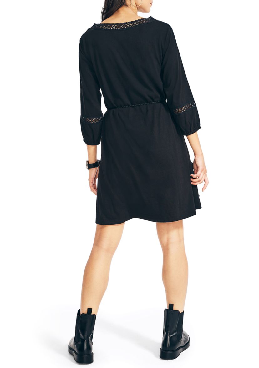 Womens Fit and Flare Crochet Trim Dress