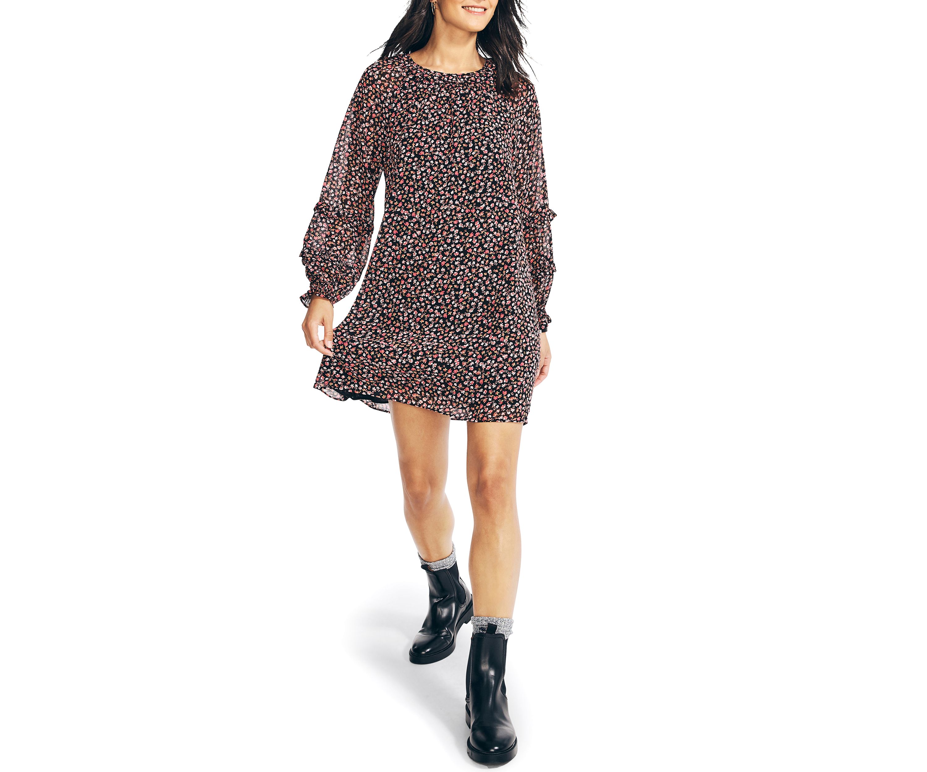 Womens Long Sleeve Harvest Floral Print Ruffle Dress
