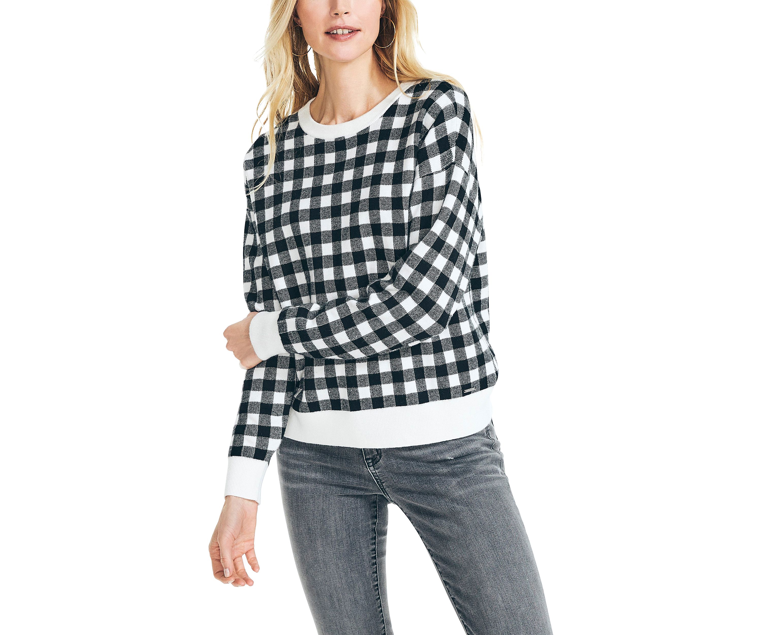 Womens Jacquard Gingham Crew Neck Sweater