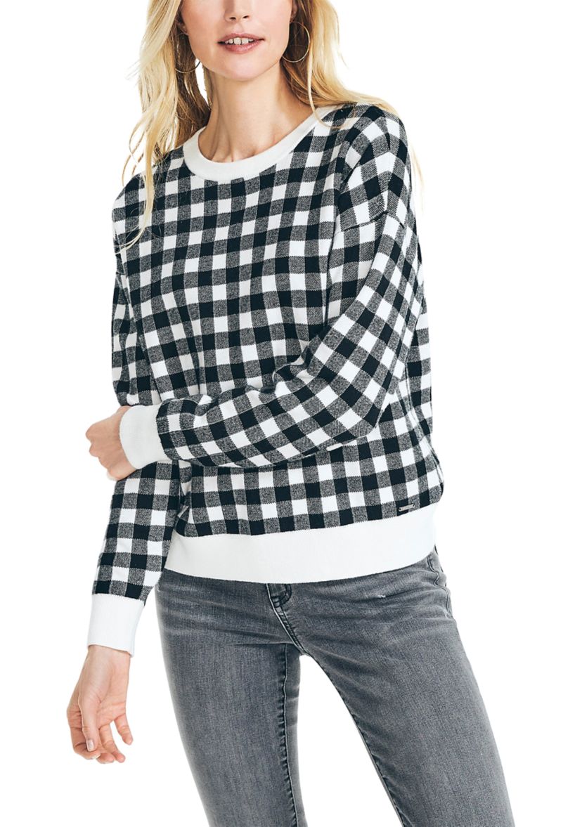 Womens Jacquard Gingham Crew Neck Sweater