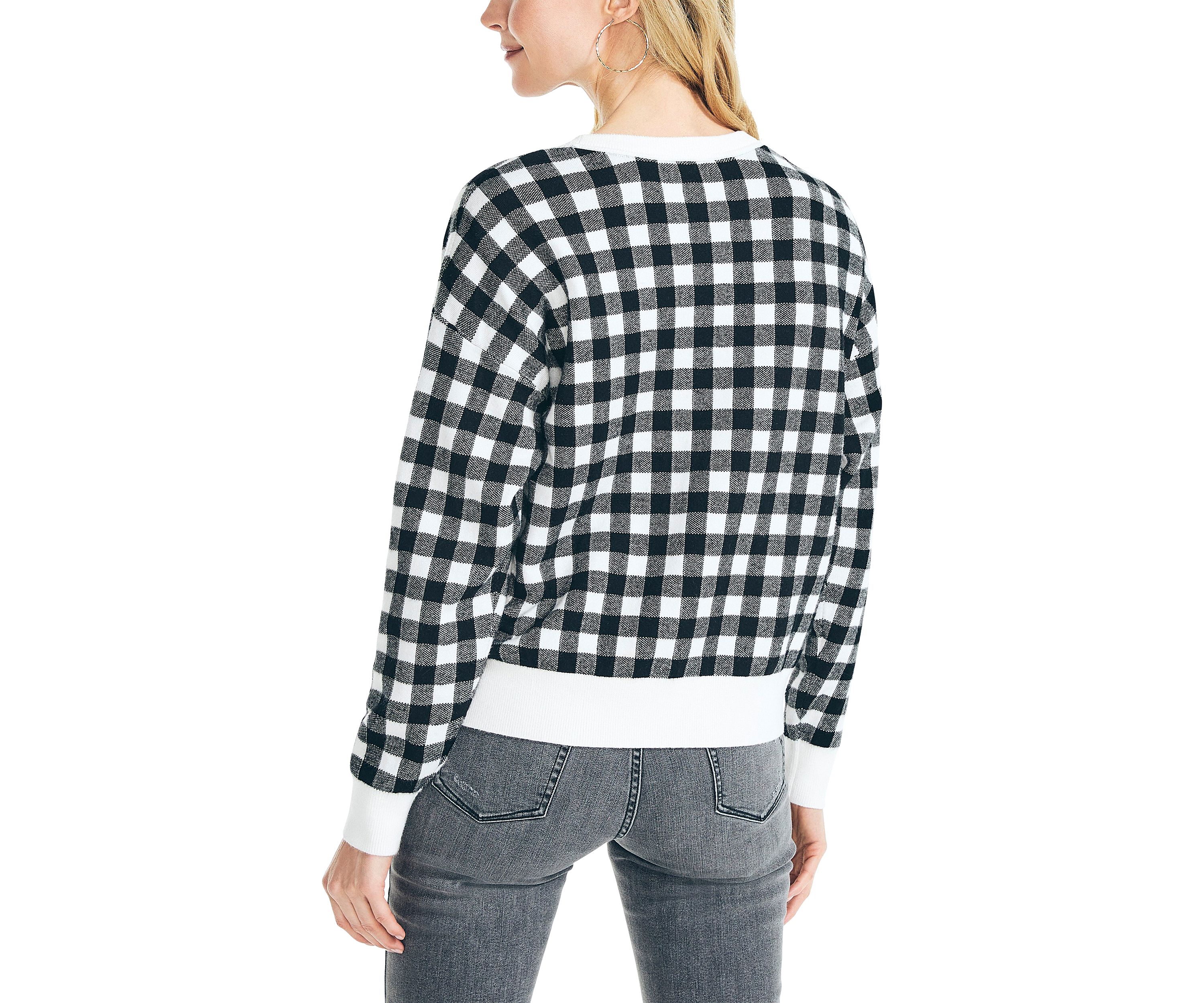 Womens Jacquard Gingham Crew Neck Sweater