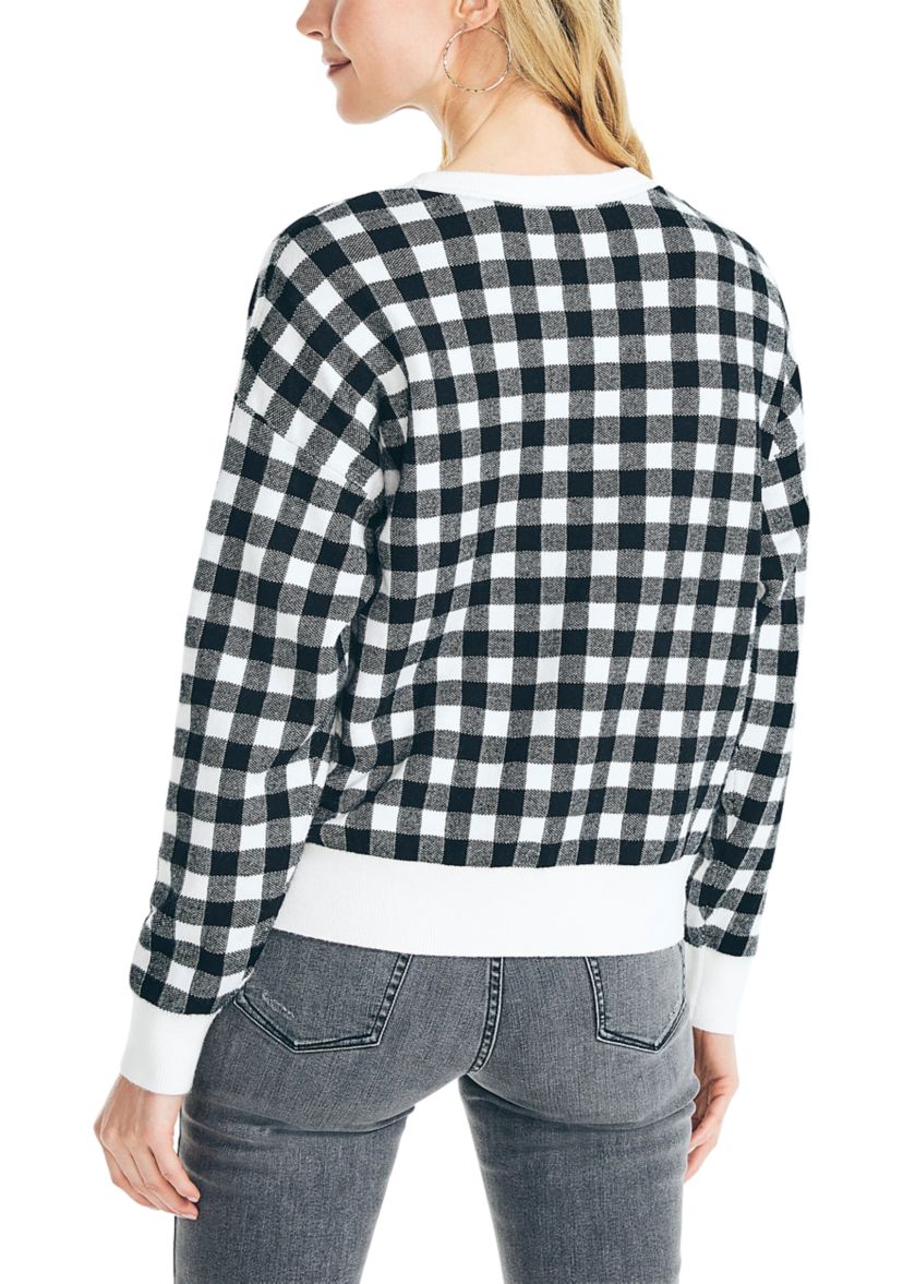 Womens Jacquard Gingham Crew Neck Sweater