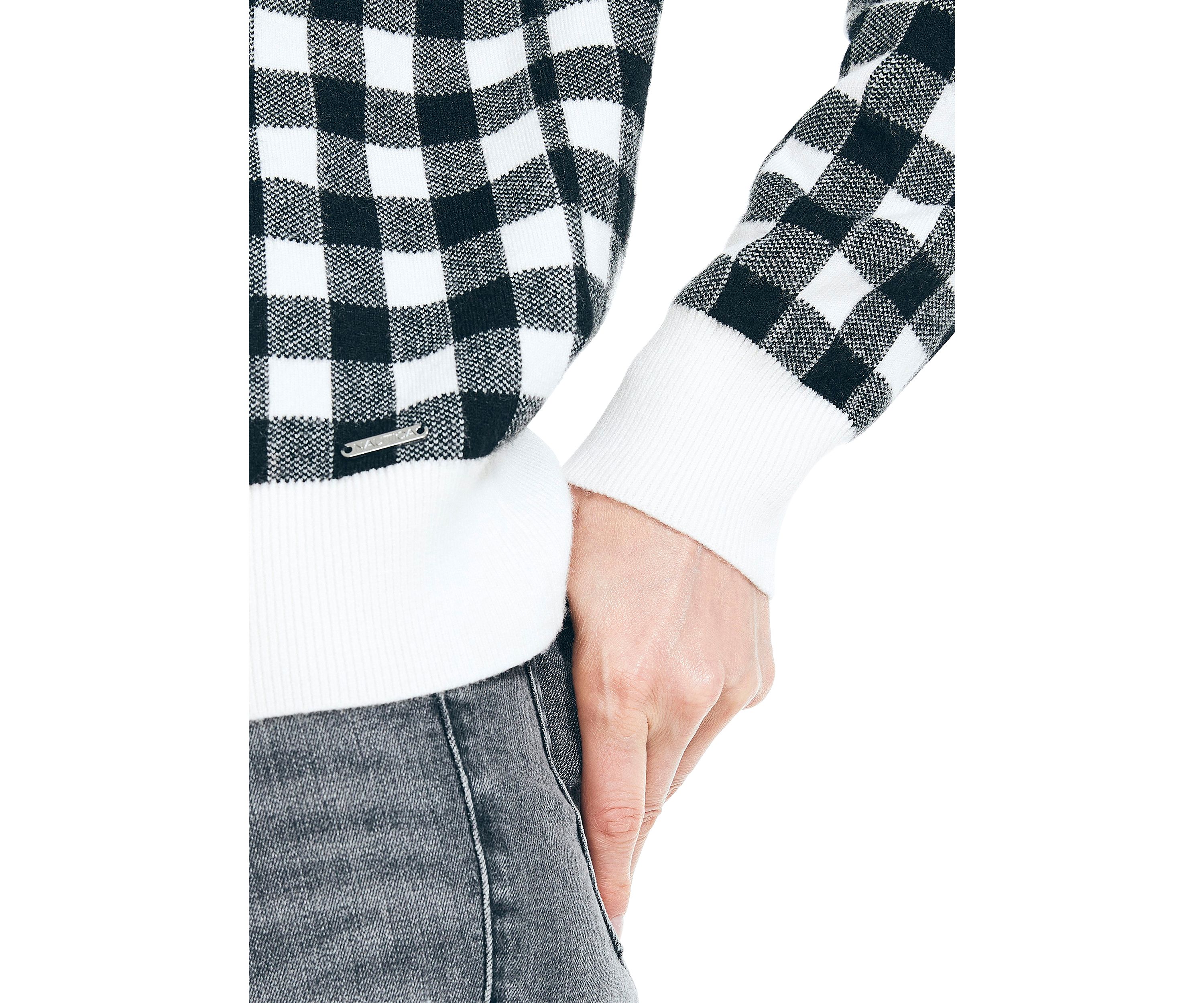 Womens Jacquard Gingham Crew Neck Sweater