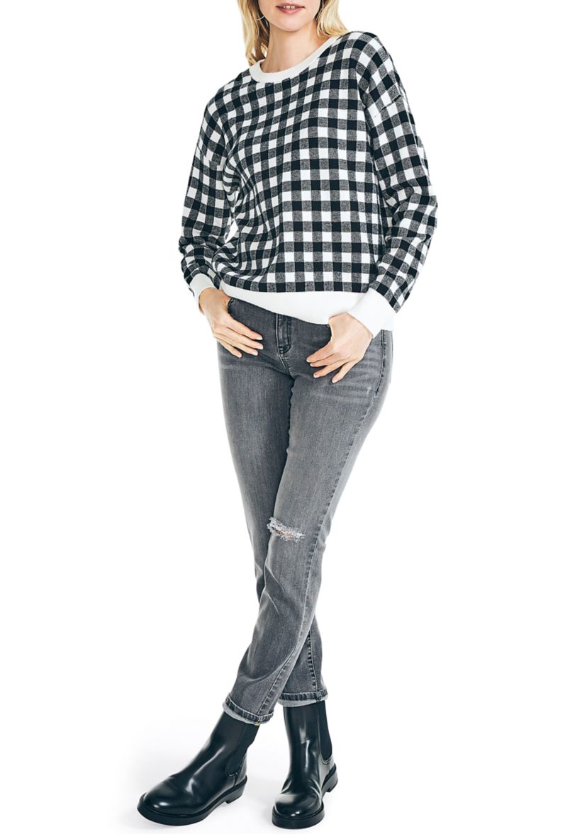 Womens Jacquard Gingham Crew Neck Sweater