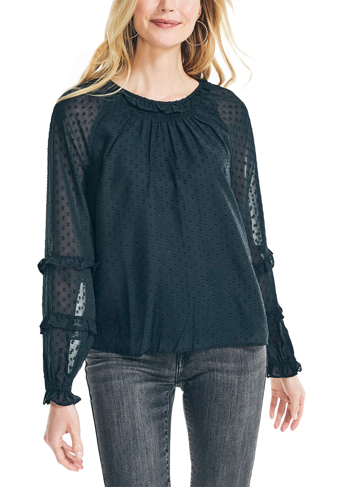 Womens Dotted Ruffle Neck Top