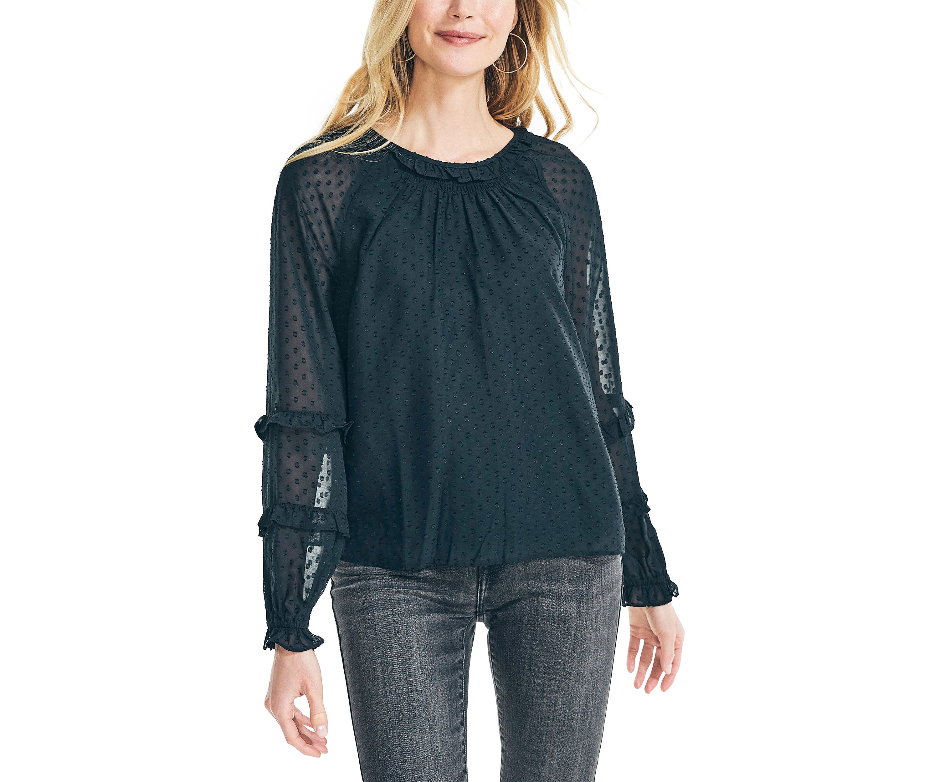 Womens Dotted Ruffle Neck Top