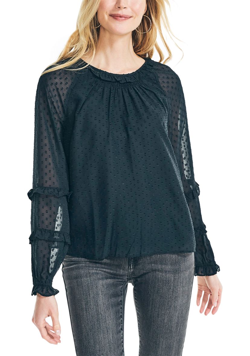 Womens Dotted Ruffle Neck Top