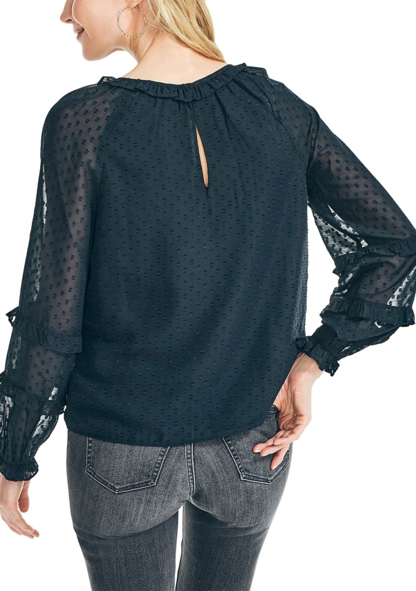 Womens Dotted Ruffle Neck Top