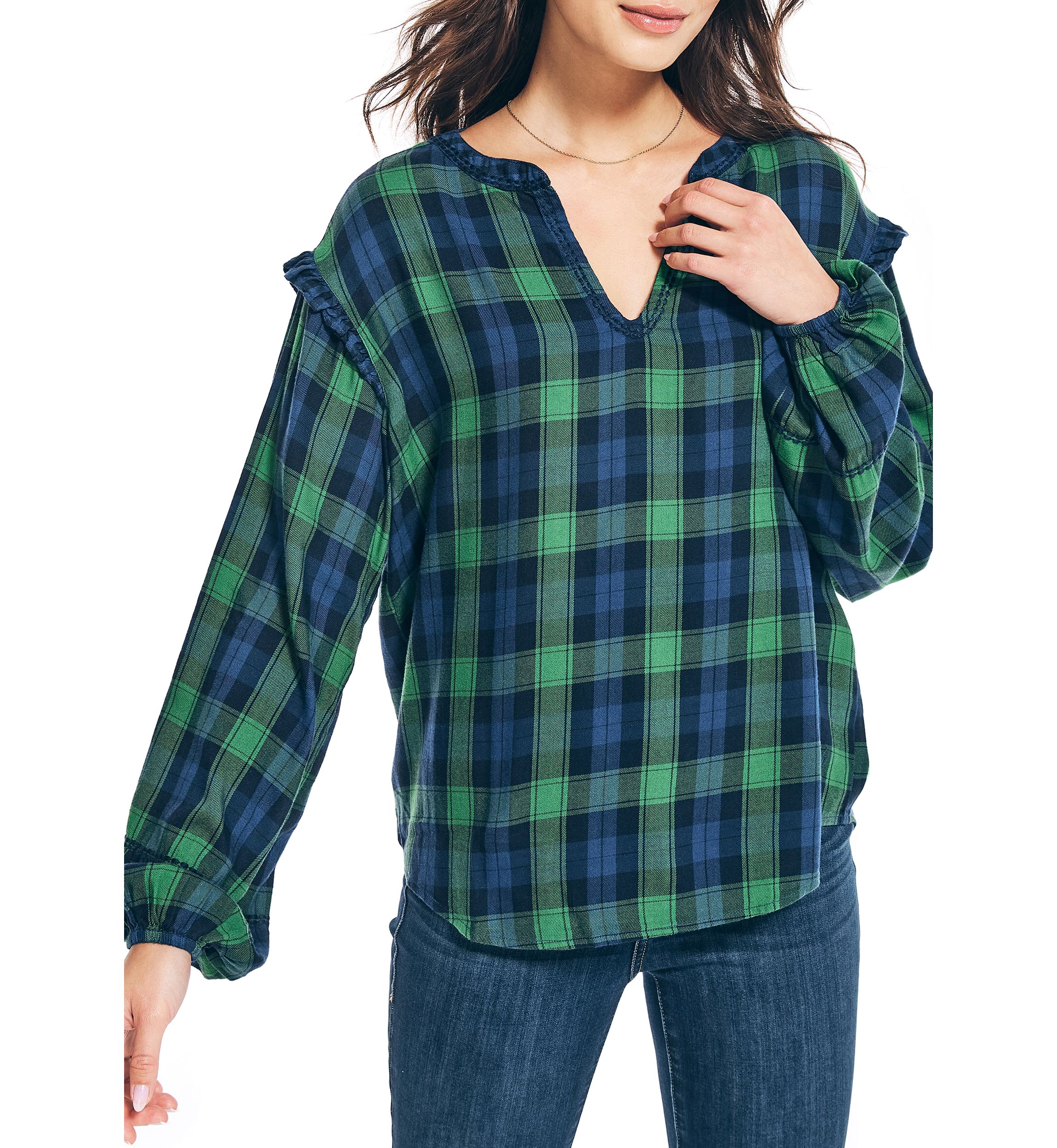 Womens Tartan Ruffle Popover Top