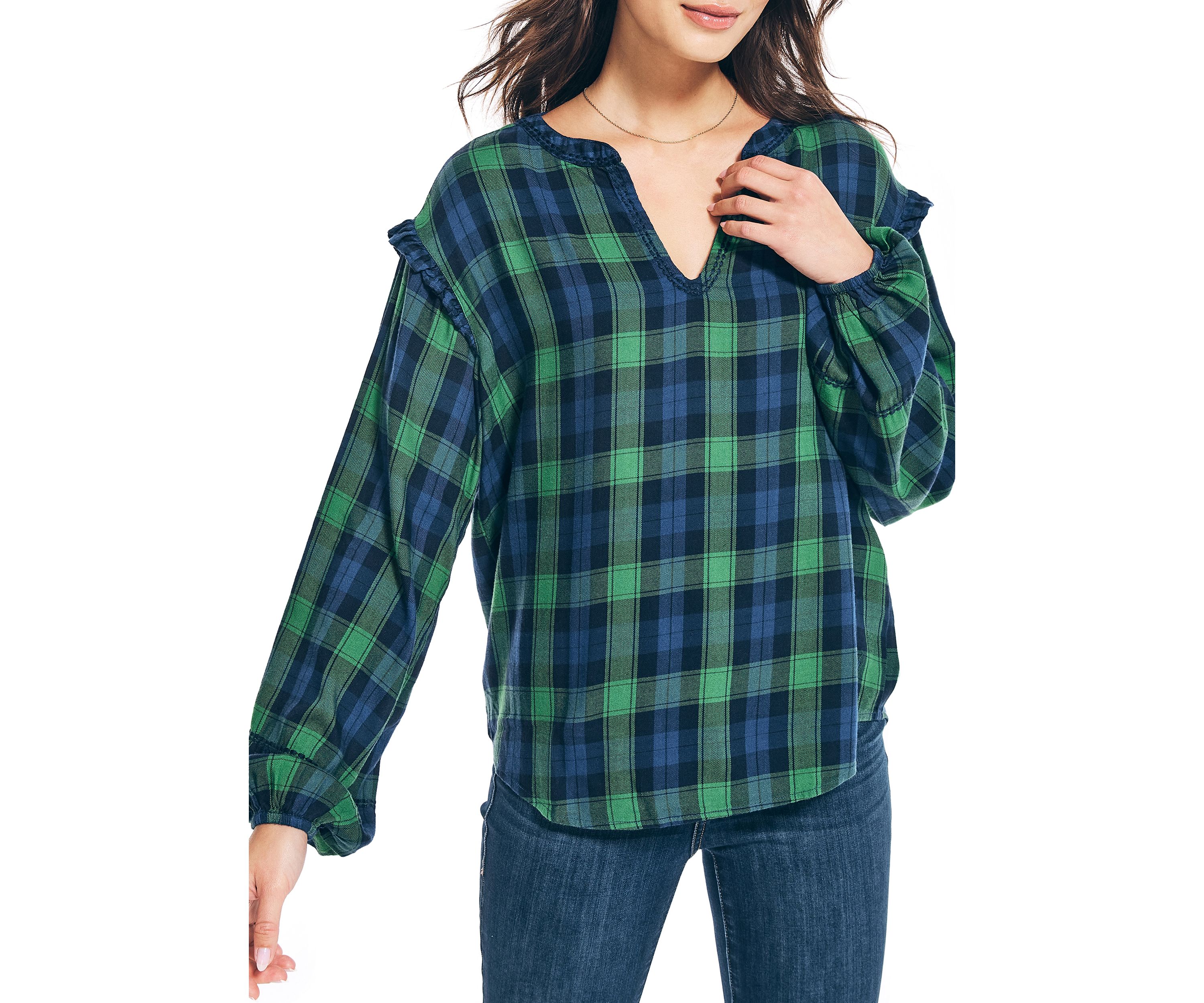 Womens Tartan Ruffle Popover Top