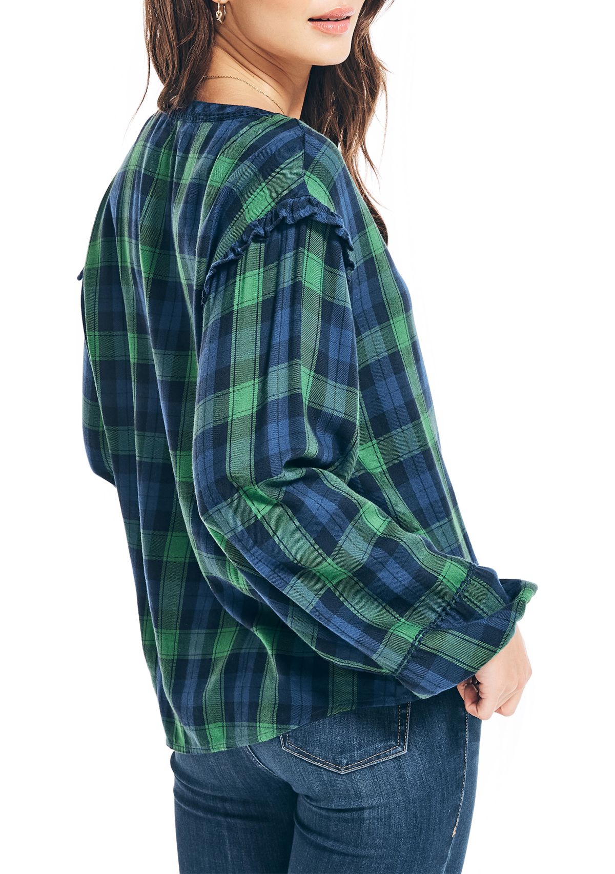 Womens Tartan Ruffle Popover Top