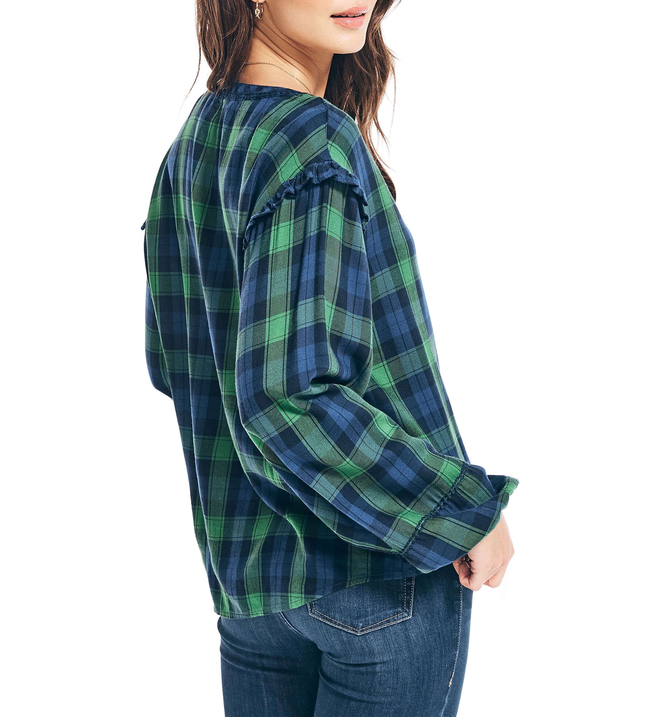 Womens Tartan Ruffle Popover Top