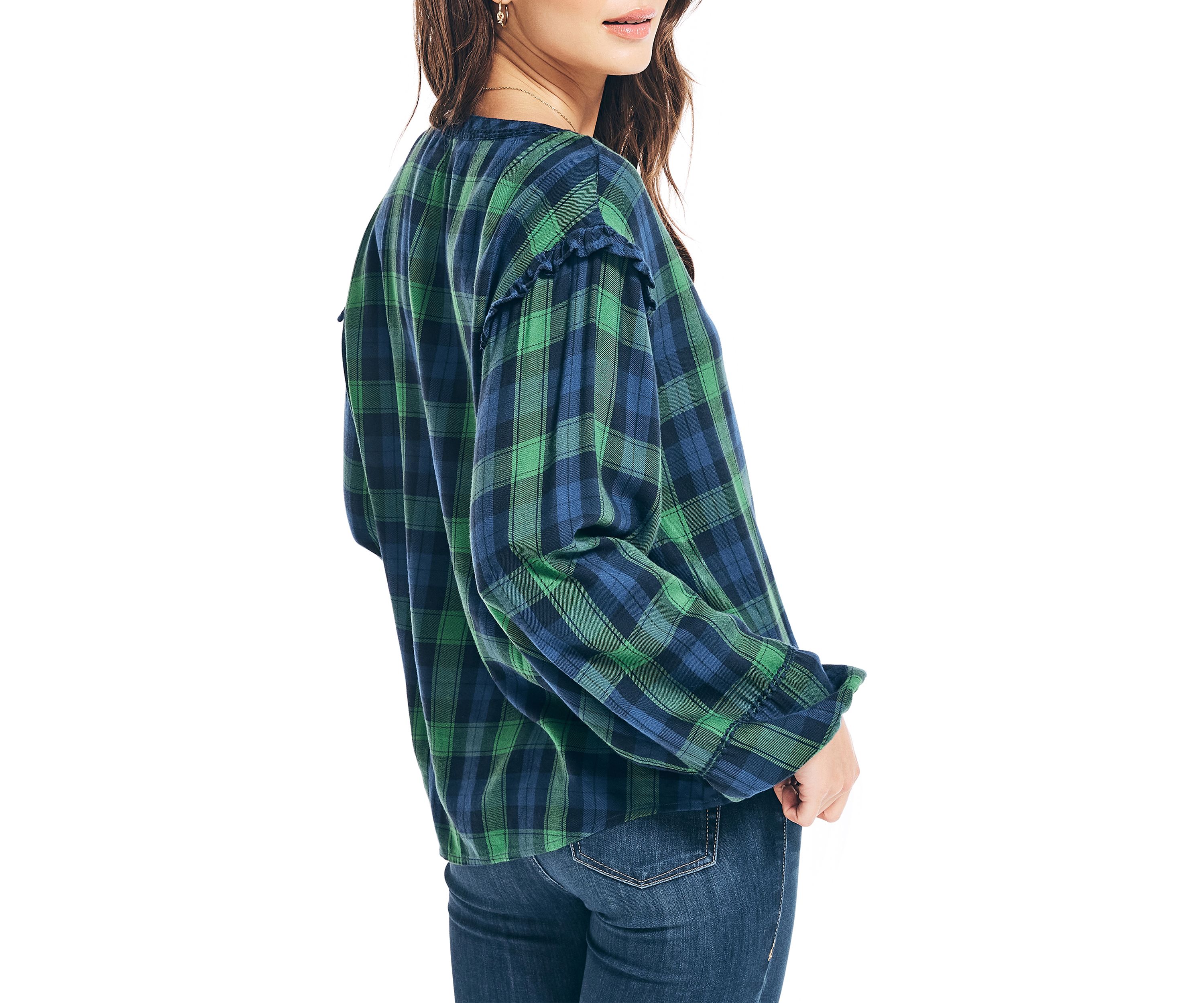 Womens Tartan Ruffle Popover Top