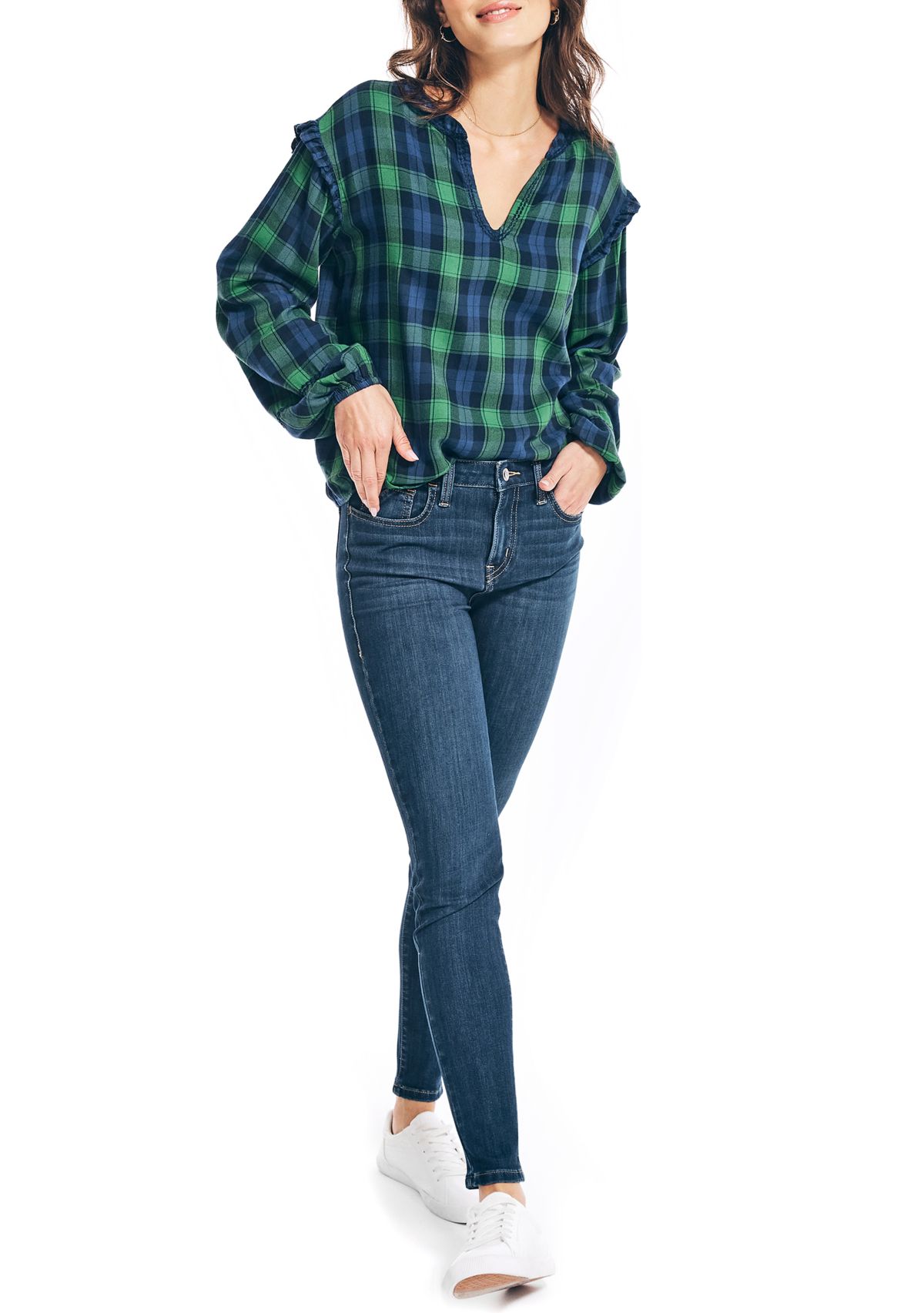 Womens Tartan Ruffle Popover Top