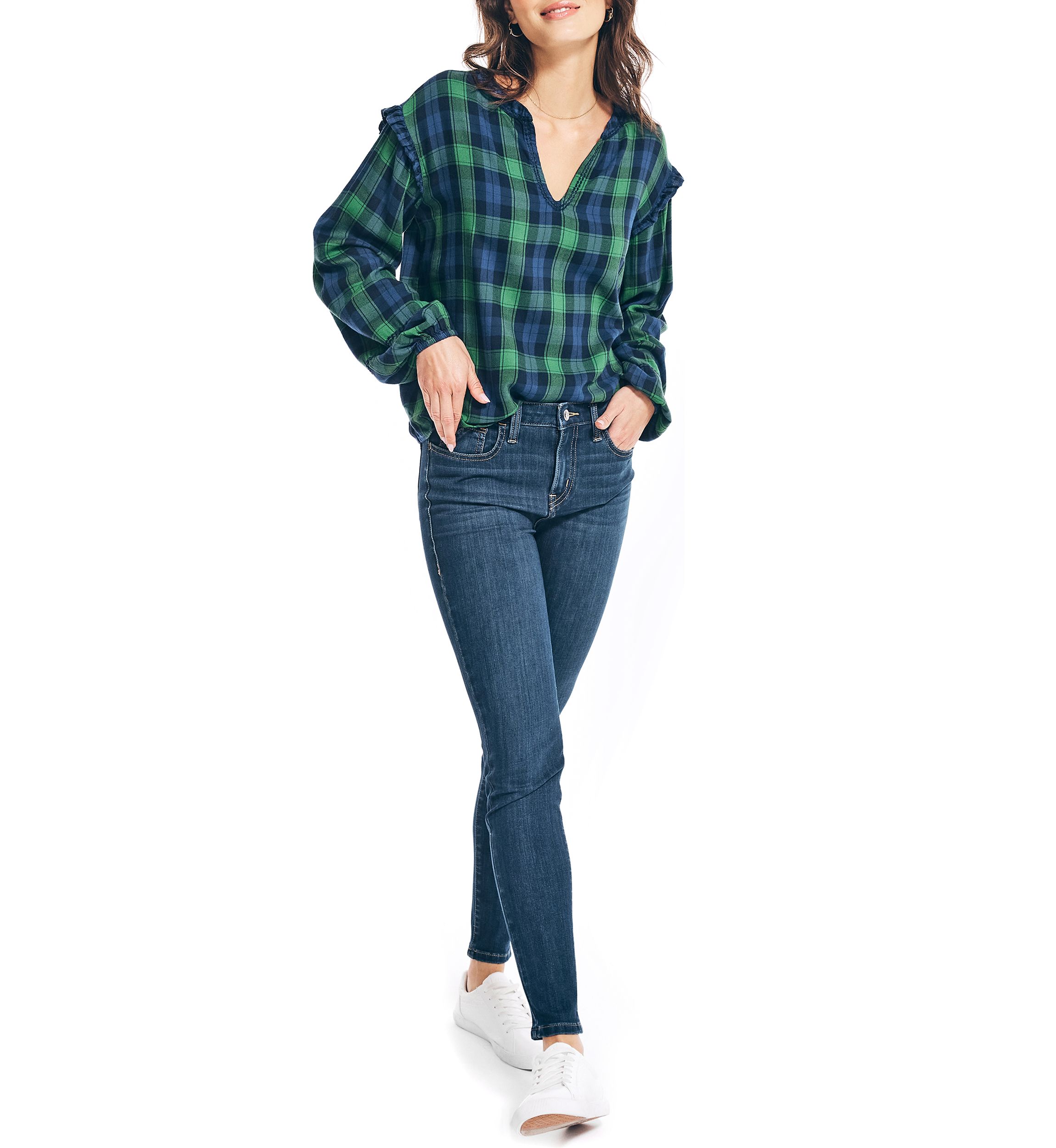 Womens Tartan Ruffle Popover Top